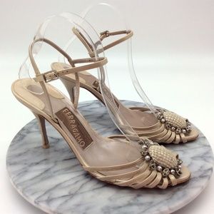 Salvatore Ferragamo Ankle strap Heels with Pearl & Smokey Crystal Detail